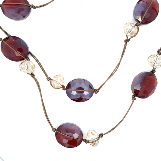 Long Hand Knotted Red Crystal Necklace on Leather