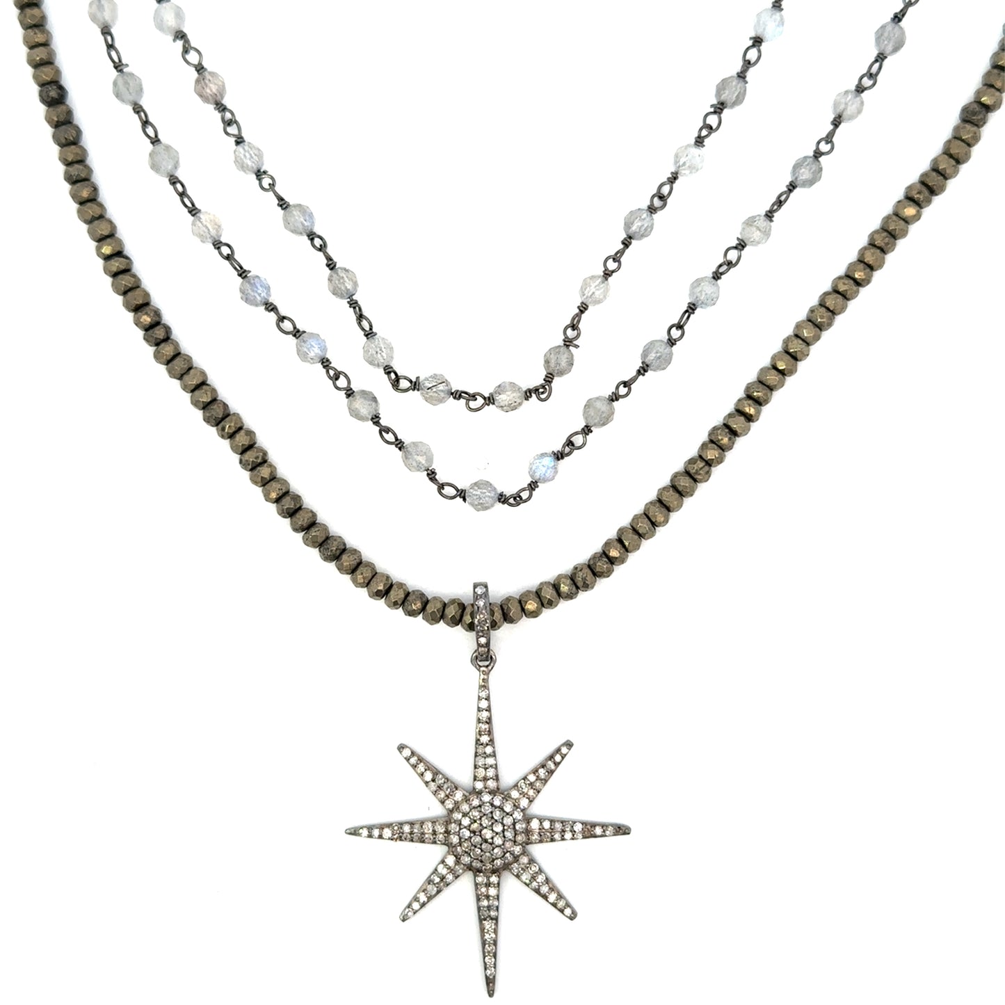 Triple Strand Sterling Diamond Star Necklace