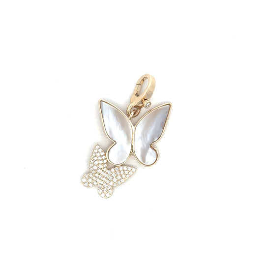 Yellow Gold Double MOP and Pave Butterfly Pendant