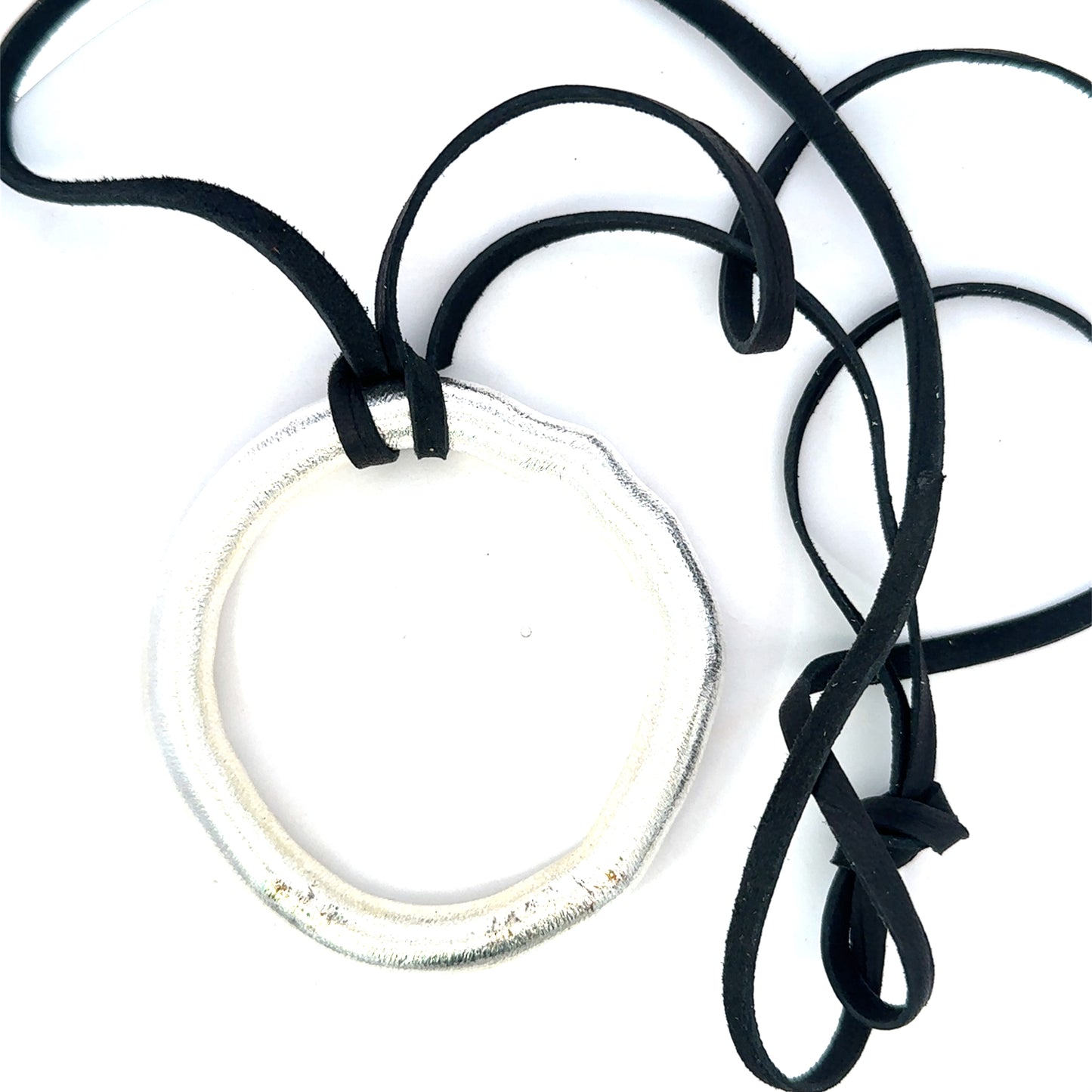 Unoxidized Sterling Circle Necklace on Black Leather