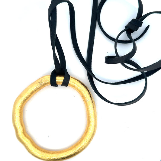 Vermeil Organic Circle Necklace on Black Leather