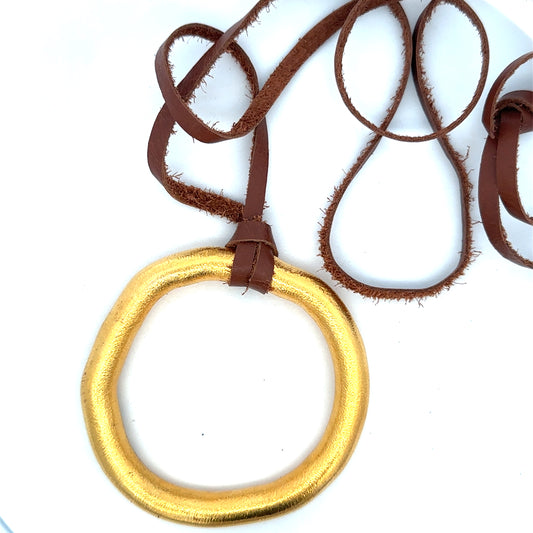 Vermeil Organic Circle Necklace on Brown Leather