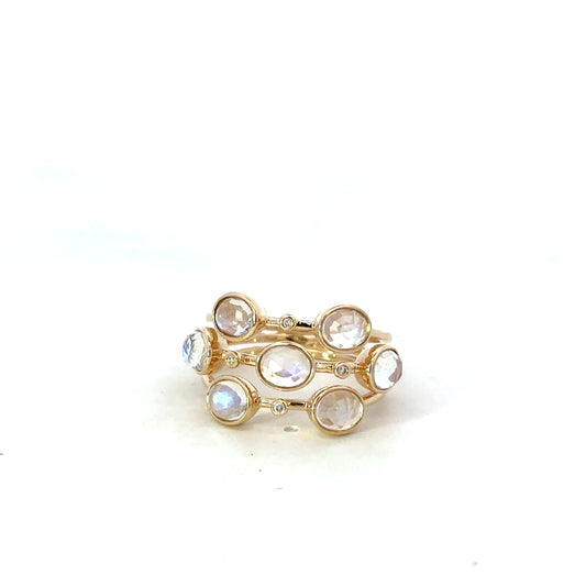 Yellow Gold Triple Row Moonstone and Diamond Ring