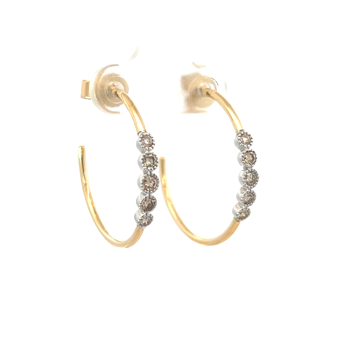 Yellow Gold and Unoxidized Silver 5 Diamond Milgrain Hoops