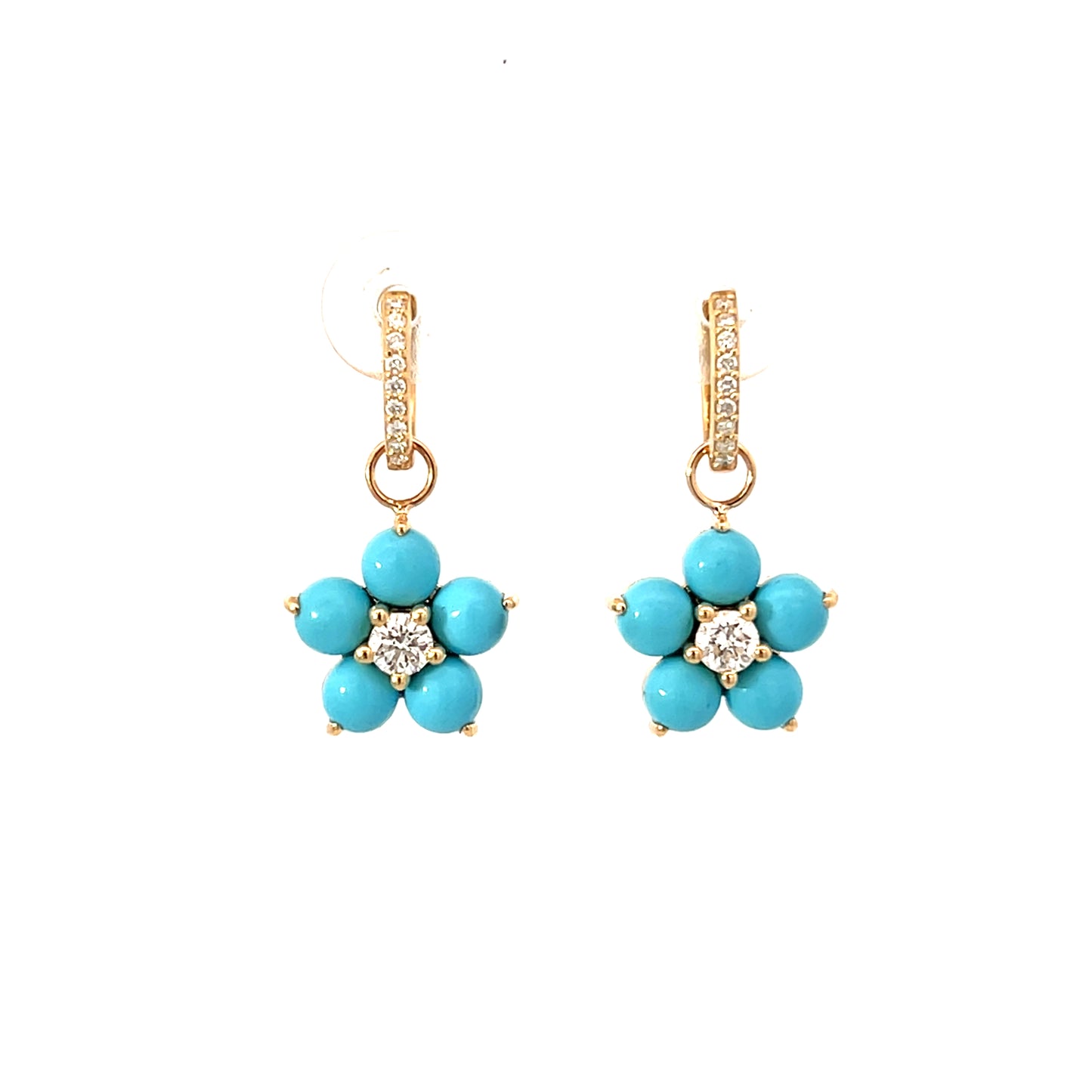 Yellow Gold and Turquoise Diamond Flower Huggie Charms