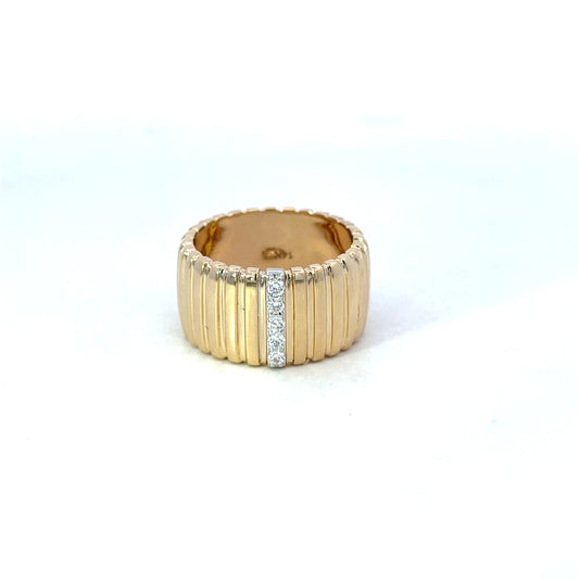 Yellow Gold Ribbed Band with Diamond Line Accent