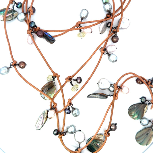 Leather, Abalone, Pearl, and Crystal Lariat Necklace