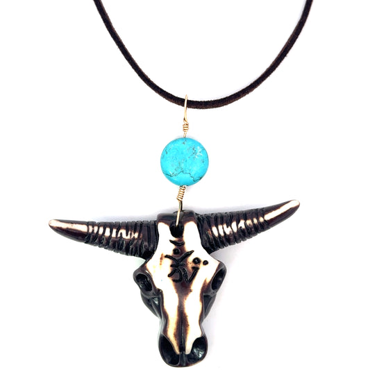 Brown and White Steer Head Necklace with Turquoise Accent