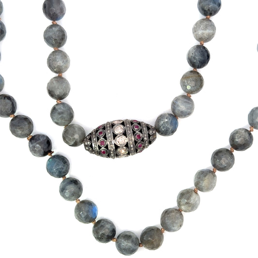Hand Knotted Faceted Labradorite Necklace with Rose Cut Diamond Bead