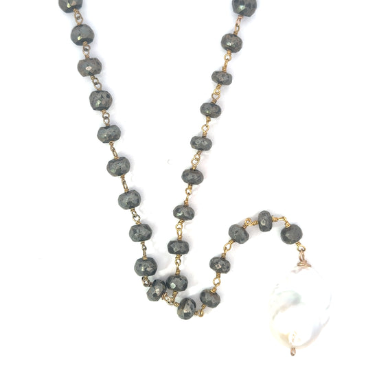 Long Gold Toned Pyrite Y Drop Necklace with Baroque Pearl