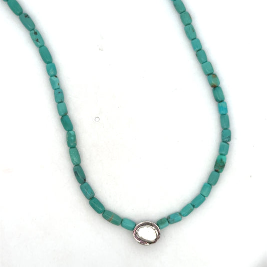 Pencil Cut Turquoise Bead Necklace with Rose Cut Diamond