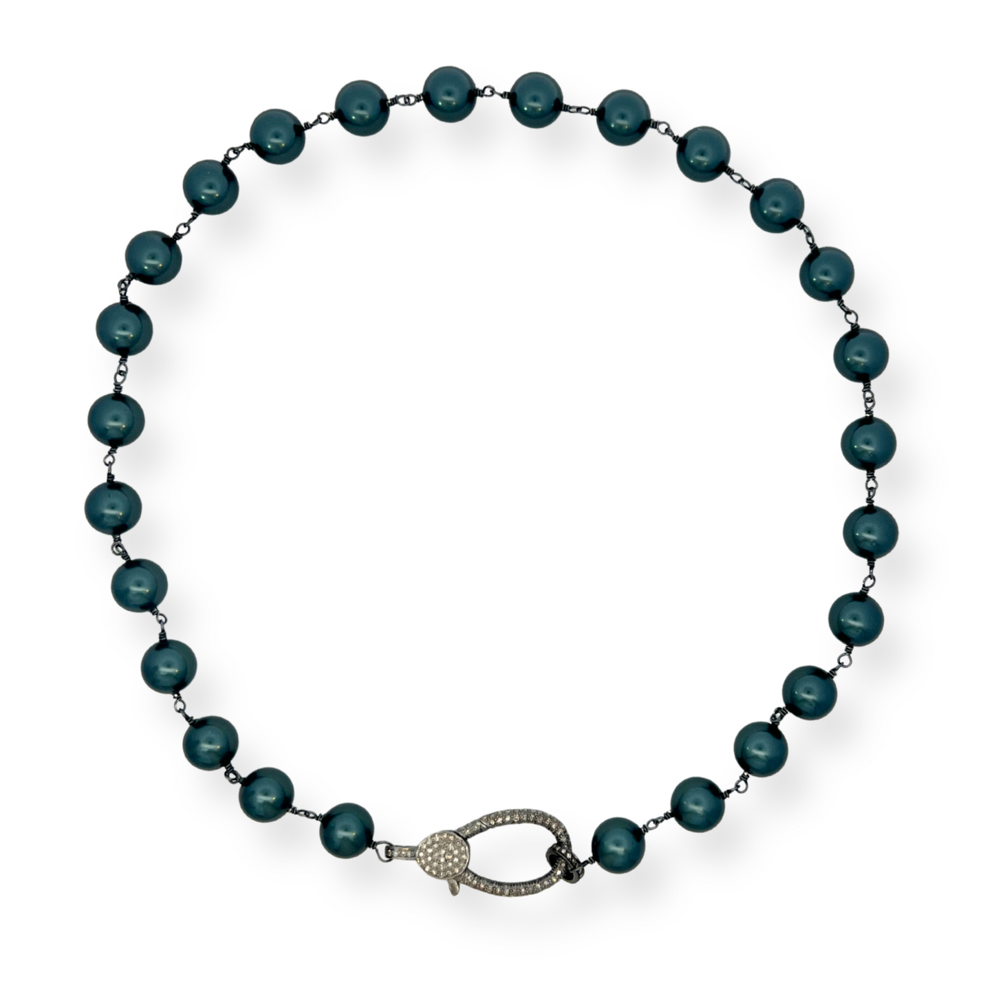 Steel Blue Wire Wrapped Pearl Necklace with Pave Diamond Lobster Clasp