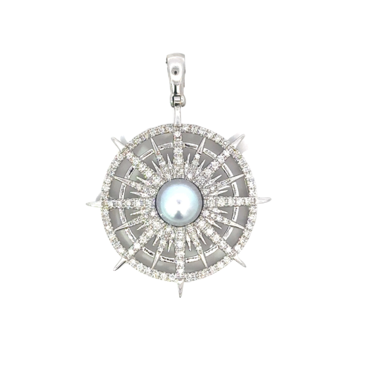 Pave Circle Starburst Pendant with Grey Pearl