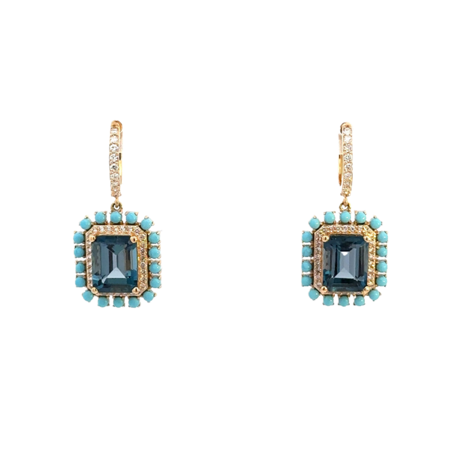 Yellow Gold Blue Topaz Turquoise Pave Diamond Earring