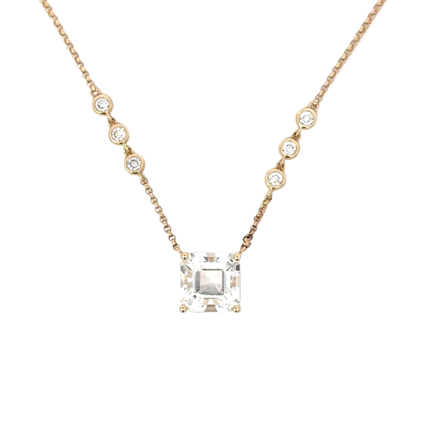 Cushion Cut White Topaz Necklace with 6 Bezeled Diamonds