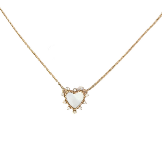 Yellow Gold MOP Tiny Heart Necklace with Diamond Accents