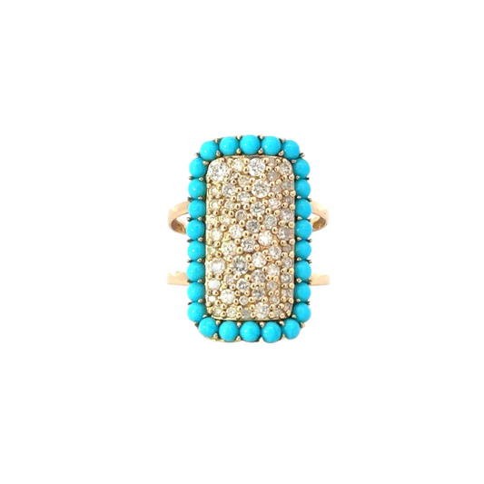 Yellow Gold Pave Rectangle Ring with Turquoise Border