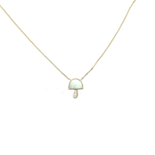 Tiny White Mother of Pearl Mushroom Necklace with Pave Stem