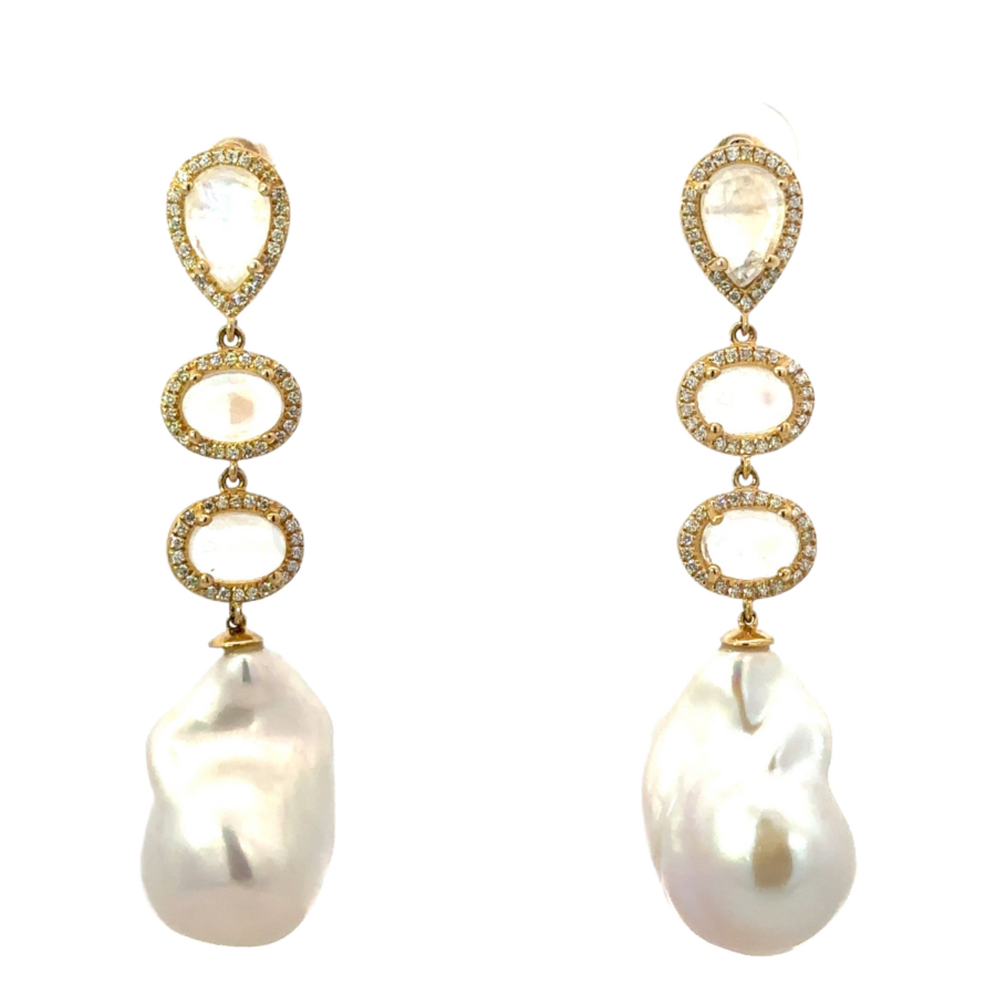 Triple Moonstone Baroque Pearl Drop Earrings with Pave Accents