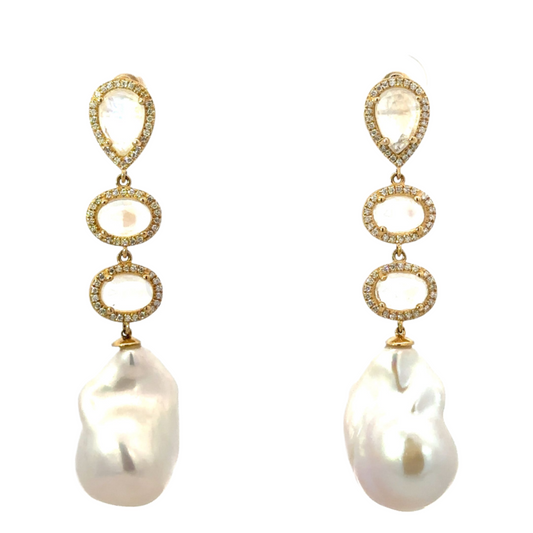 Triple Moonstone Baroque Pearl Drop Earrings with Pave Accents