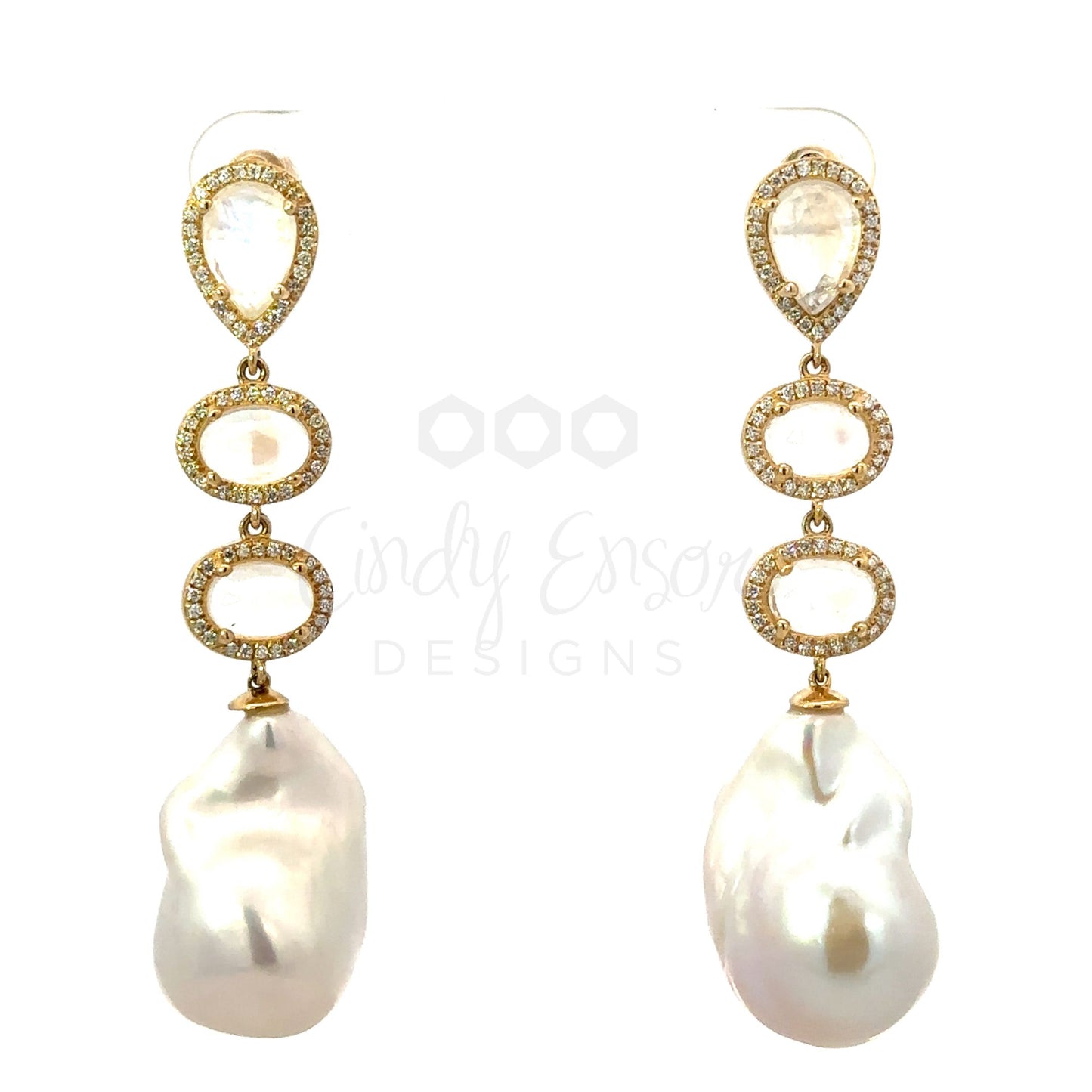 Triple Moonstone Baroque Pearl Drop Earrings with Pave Accents