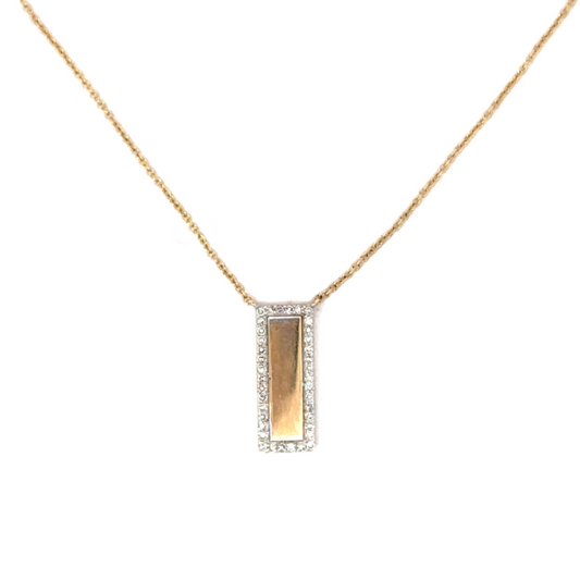 Yellow Gold Vertical Rectangle Bar Necklace with Pave Border