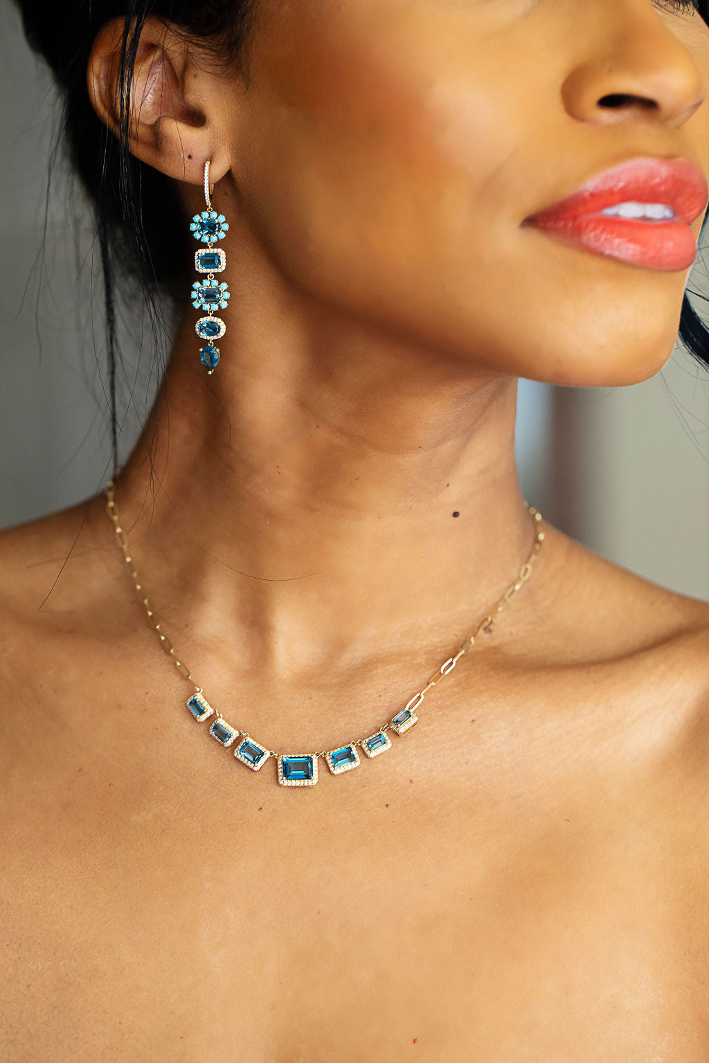 7 Rectangle Blue Topaz and Pave Diamond Border Necklace